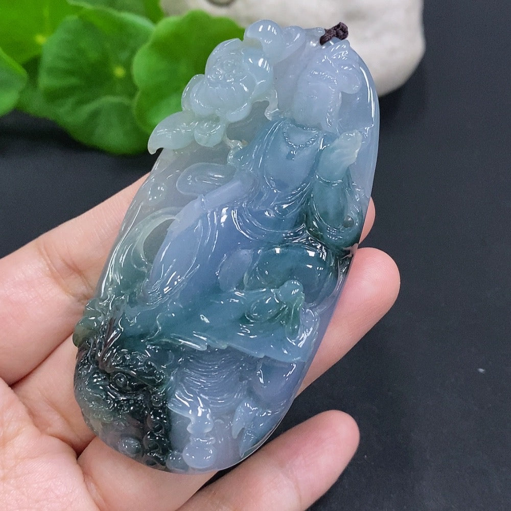 Jadeite Imperial Dragon Guanyin Pendant with Chain, Total Weight Approx. 128.2g (Color Origin Undetermined)