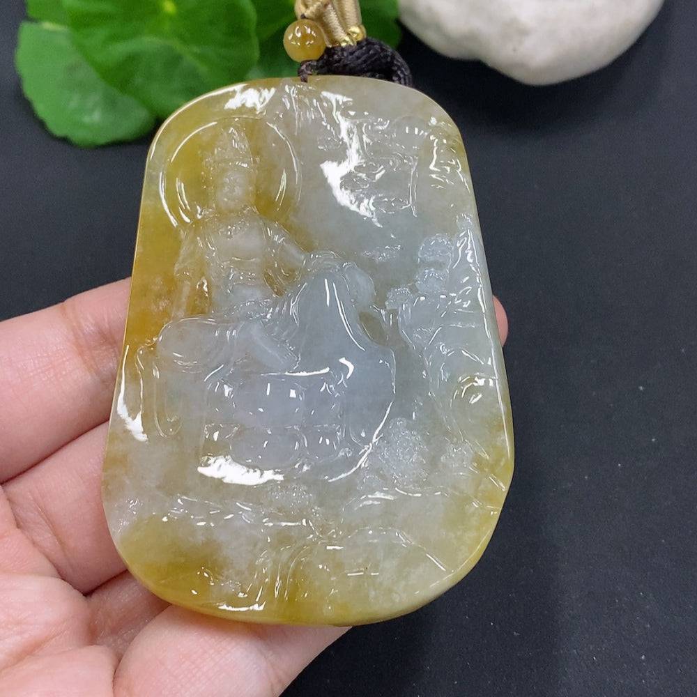 Jadeite landscape Guanyin pendant with rope, crafted from jade, weighs approximately 84.3g, featuring detailed deity and natural scenery.