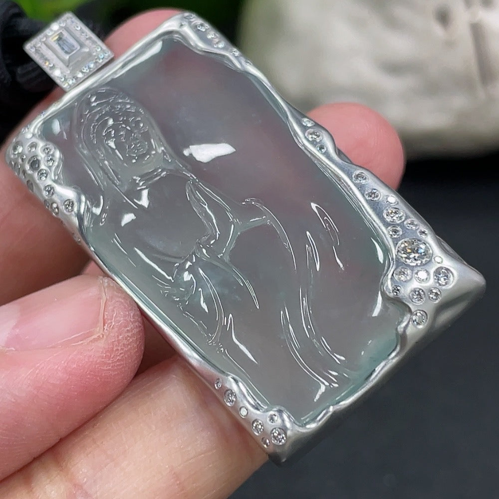 Jadeite Guanyin Pendant with 18K Gold and Diamond Setting, Total Weight Including Rope Approximately 21g, Overall Card Dimensions