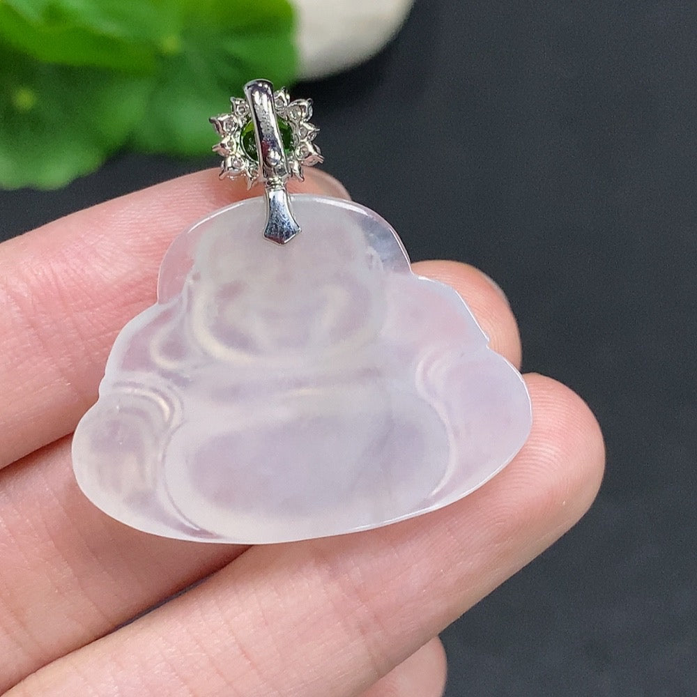 Jadeite Buddha pendant with 18K gold clasp, accented with diamonds, weighing approximately 8.2g, from HUILIU HQ.
