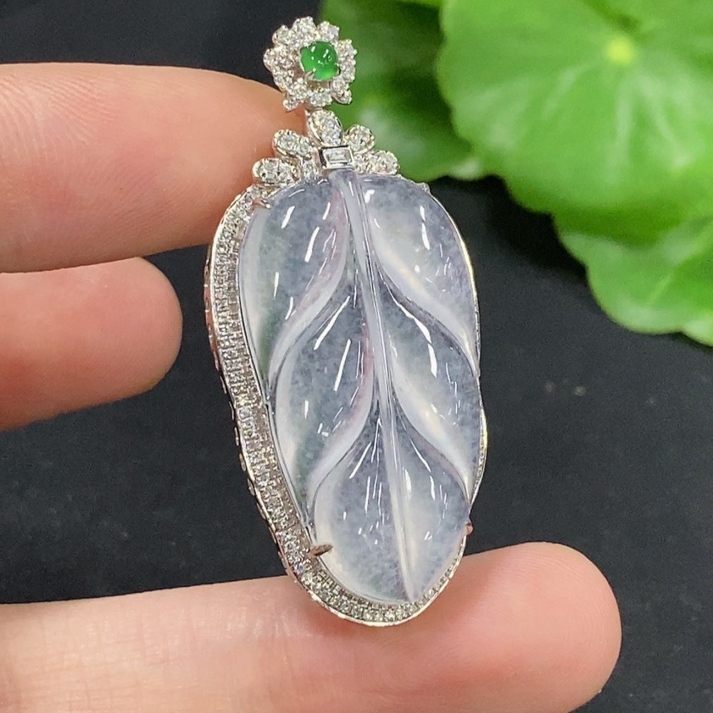 Jadeite Leaf Inlaid Pendant 18k with Diamond Side Stones