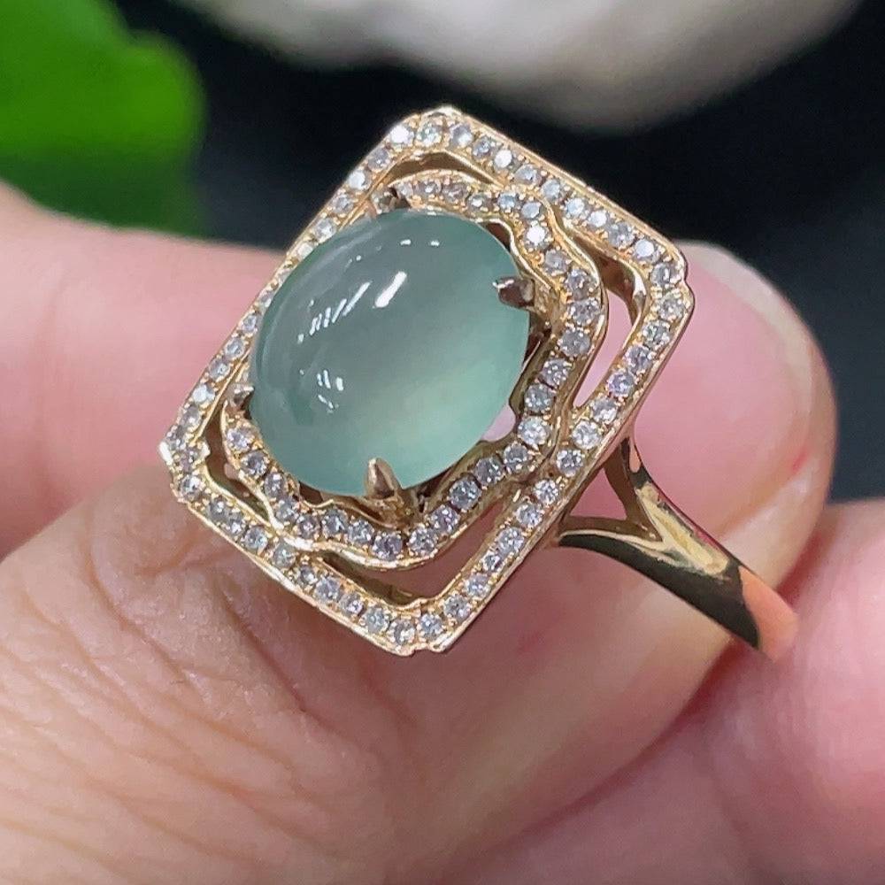 Huiliu Jadeite inlaid ring with diamond, featuring intricate jade and diamond details on a silver band.