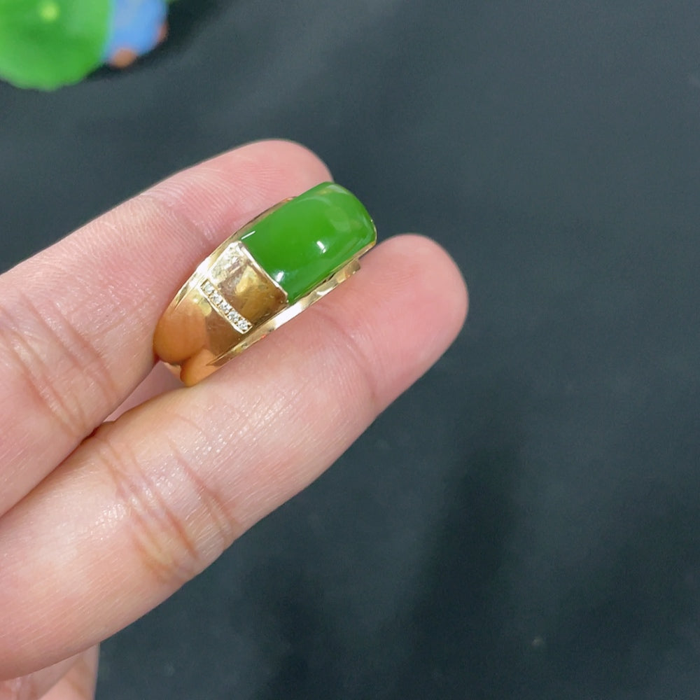 Huiliu HQ Hetian Jade Jasper inlaid ring with diamond accents, natural jade color, crafted with intricate design and certified quality.