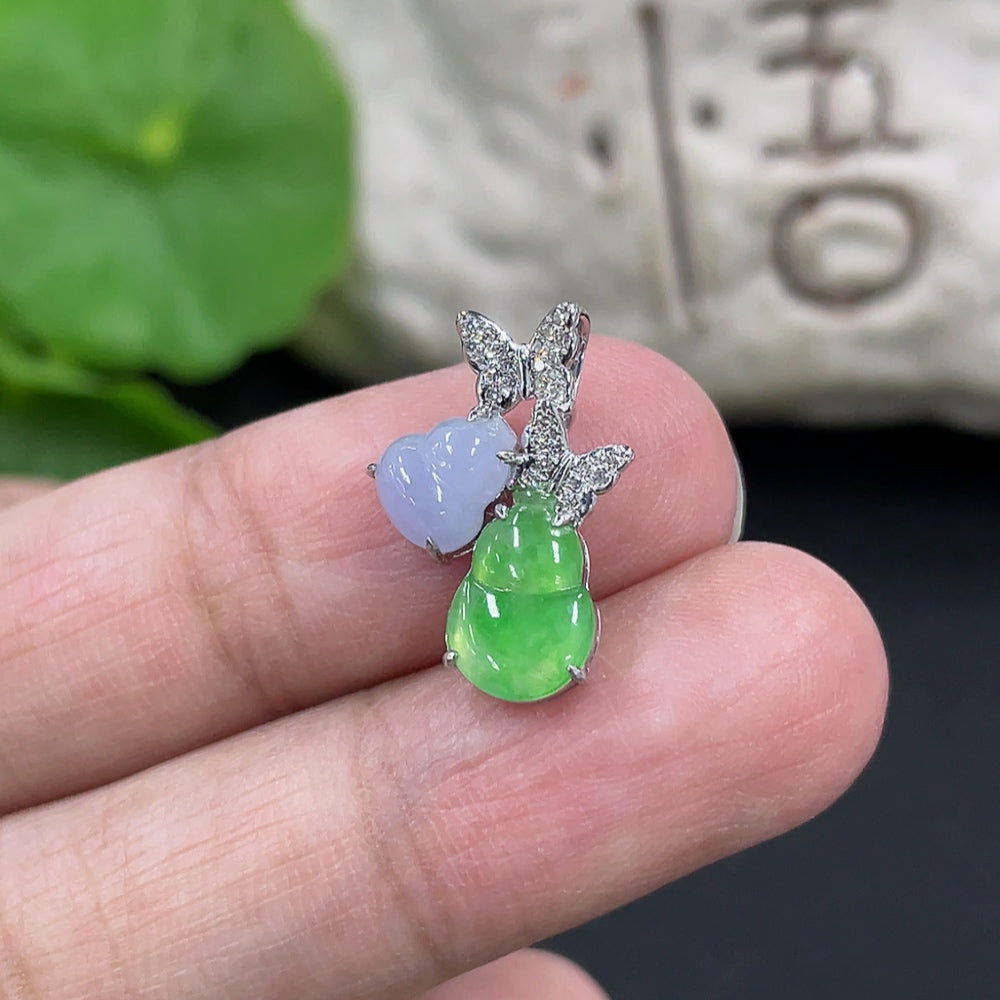 Jadeite Gourd Inlaid Pendant, 18K Gold Inlaid with Diamonds