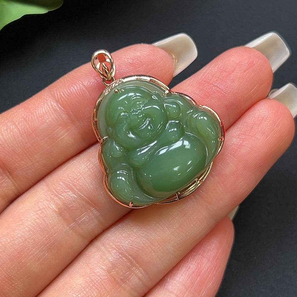 Hetian Jade Buddha Pendant with 18K Gold and Diamond Inlays