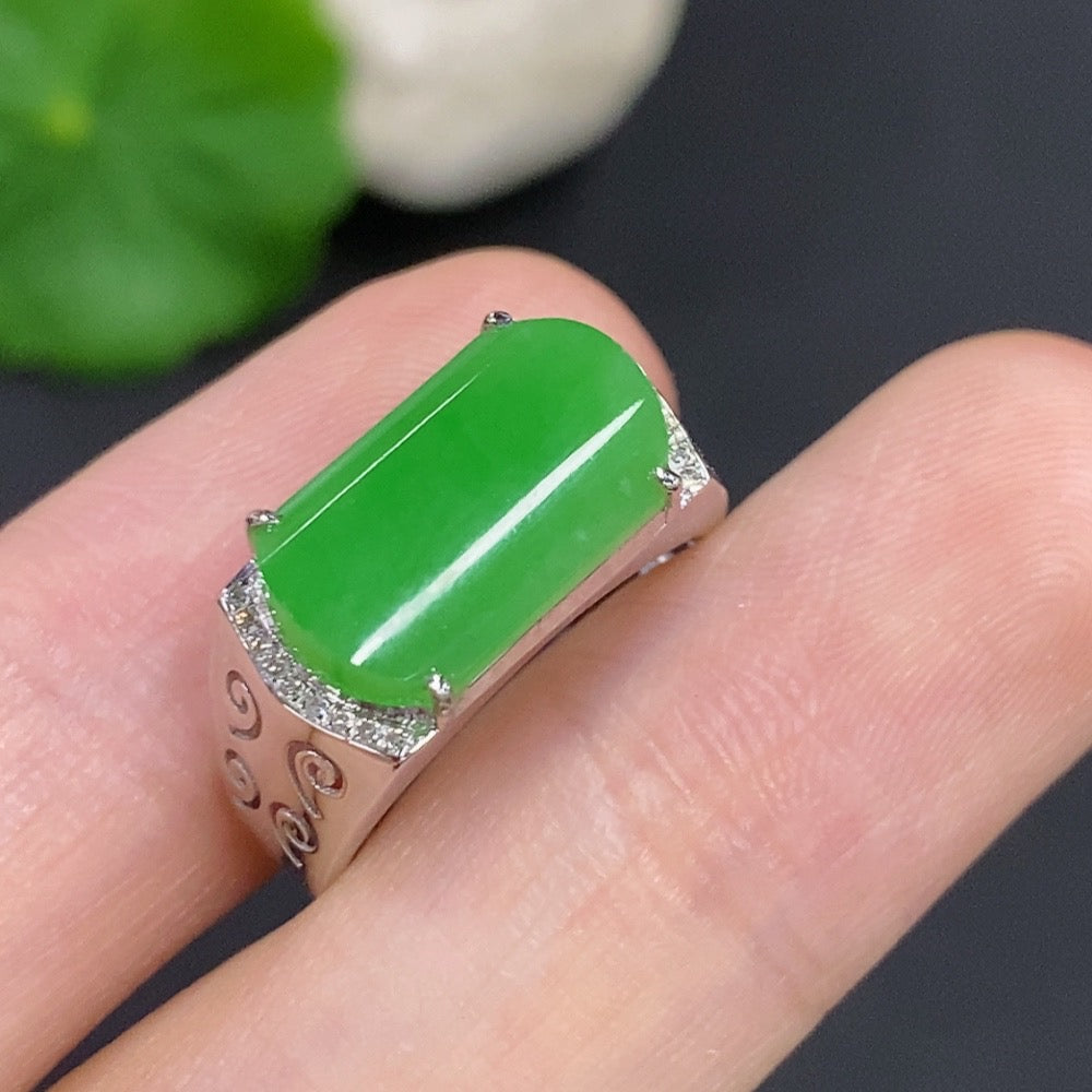 Jadeite cabochon ring with diamond accents, 18k gold band, size 13, from HKHQ, featuring a polished green jade gemstone.
