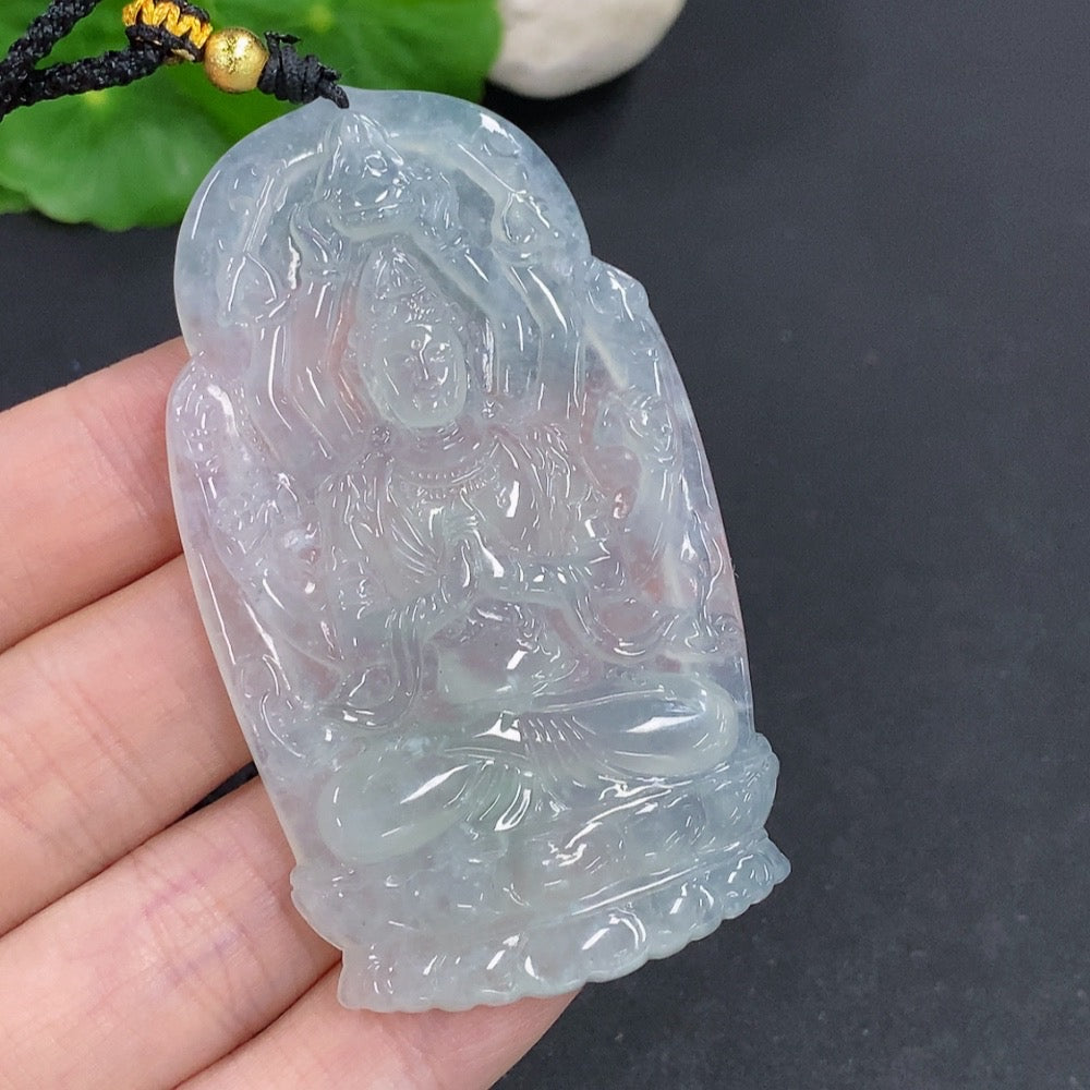 Jadeite Thousand-Hand Guanyin pendant necklace by HKHQ, featuring detailed carved green jade Guanyin figure on a cord.