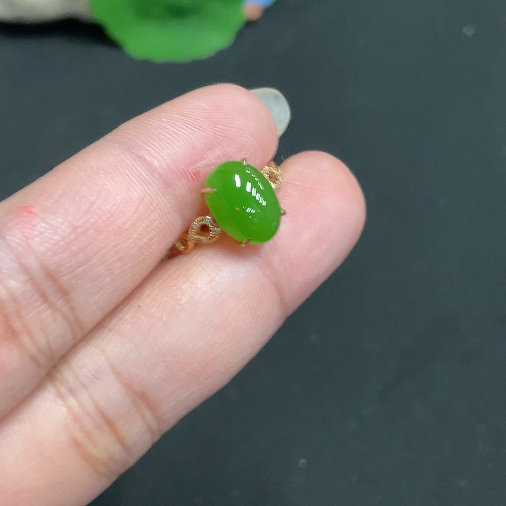 Hetian Jade Inlaid Ring Size 13.5 Total Weight Approx. 1.8g 18k with Diamond Accents