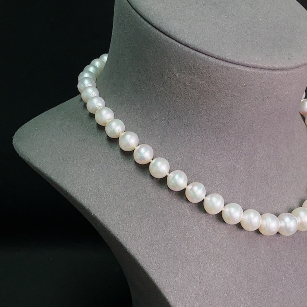 Saltwater pearl strand necklace with 14K gold clasp, featuring lustrous pearls on a delicate gold chain.