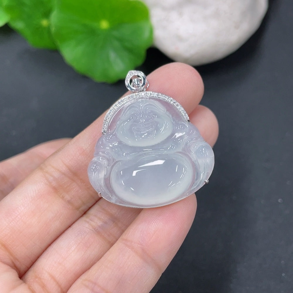 Jadeite Pendant Buddha with 18k Gold and Diamond Accents, Total Weight Approx. 6.75g