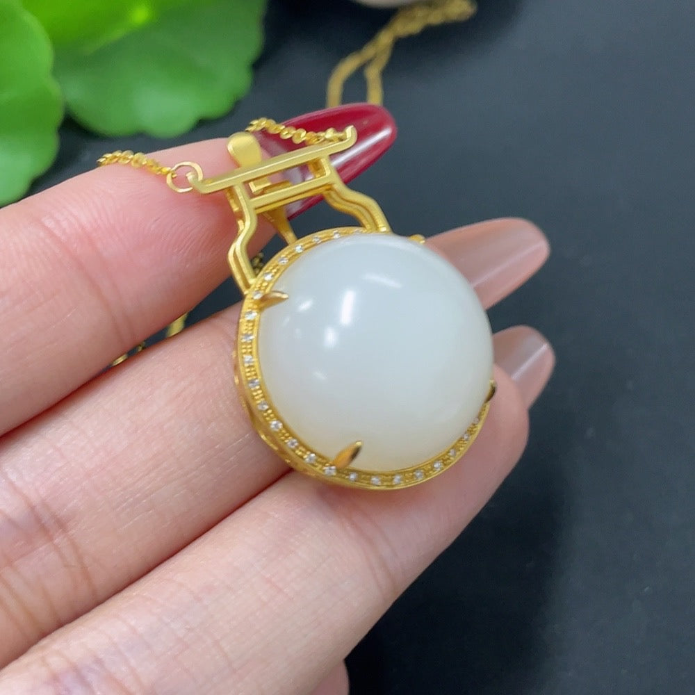 Hetian Jade Pendant with 18K Gold and Diamond Accents, Total Weight Approx. 10.5g (Including Chain)