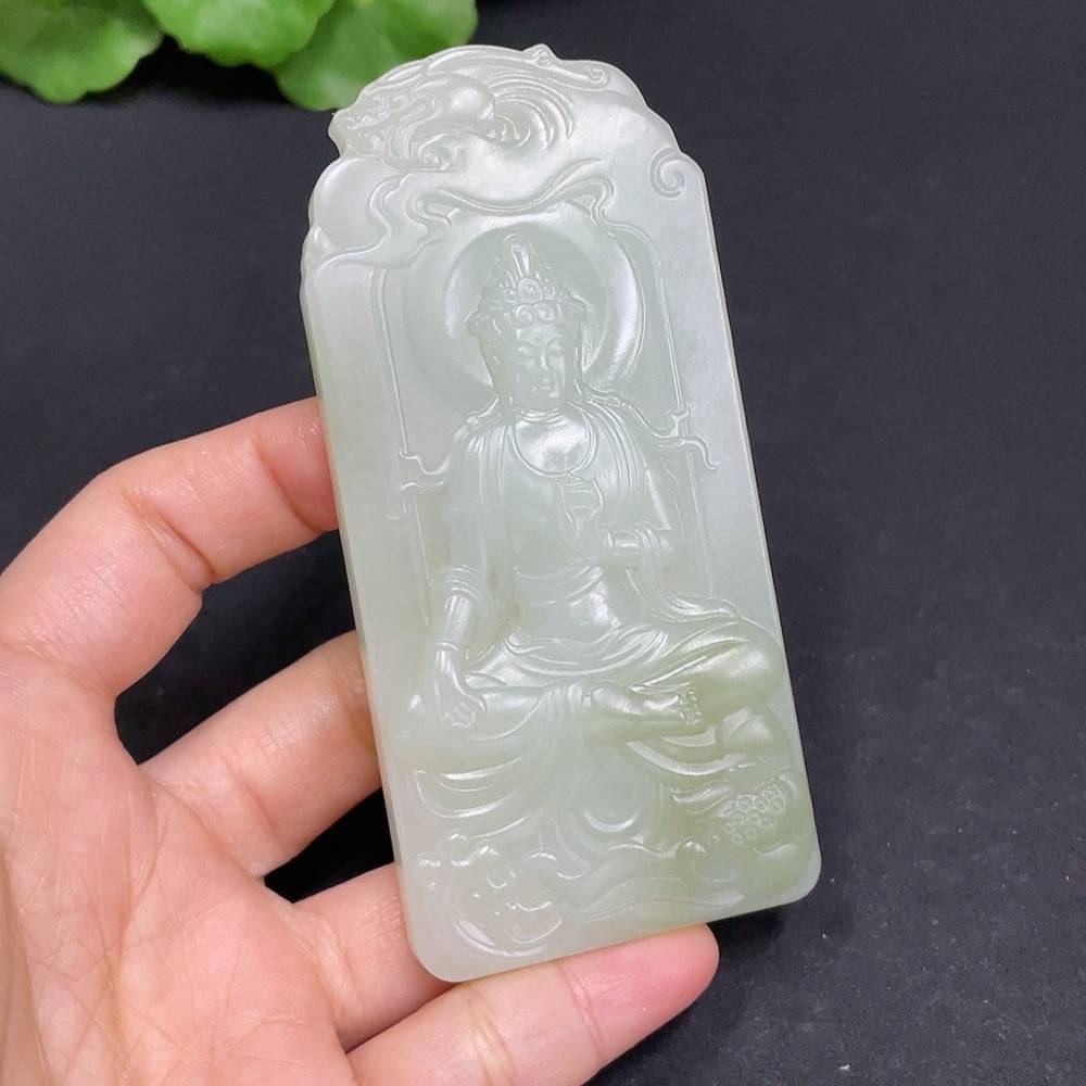 Huiliu Certified Hetian Jade Pendant featuring Guanyin figure, smooth polished jade with intricate carved details.