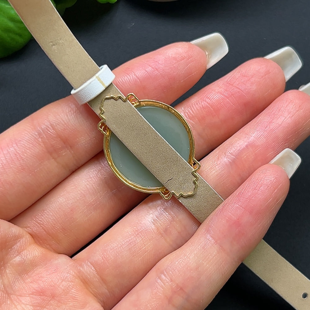 Hetian Jade Cabochon Bracelet 18K Gold with Leather Wristband