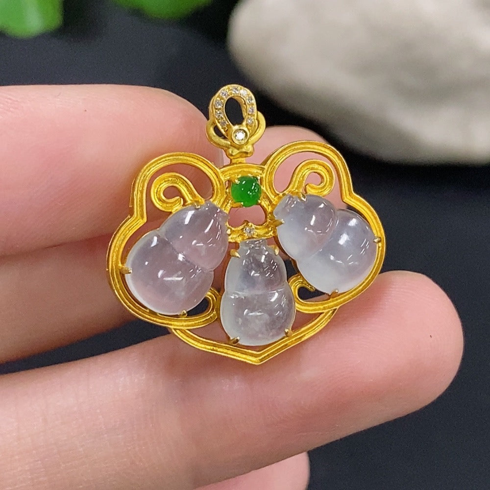 Jadeite Gourd Inlaid Pendant with 18K Gold and Diamond Accents