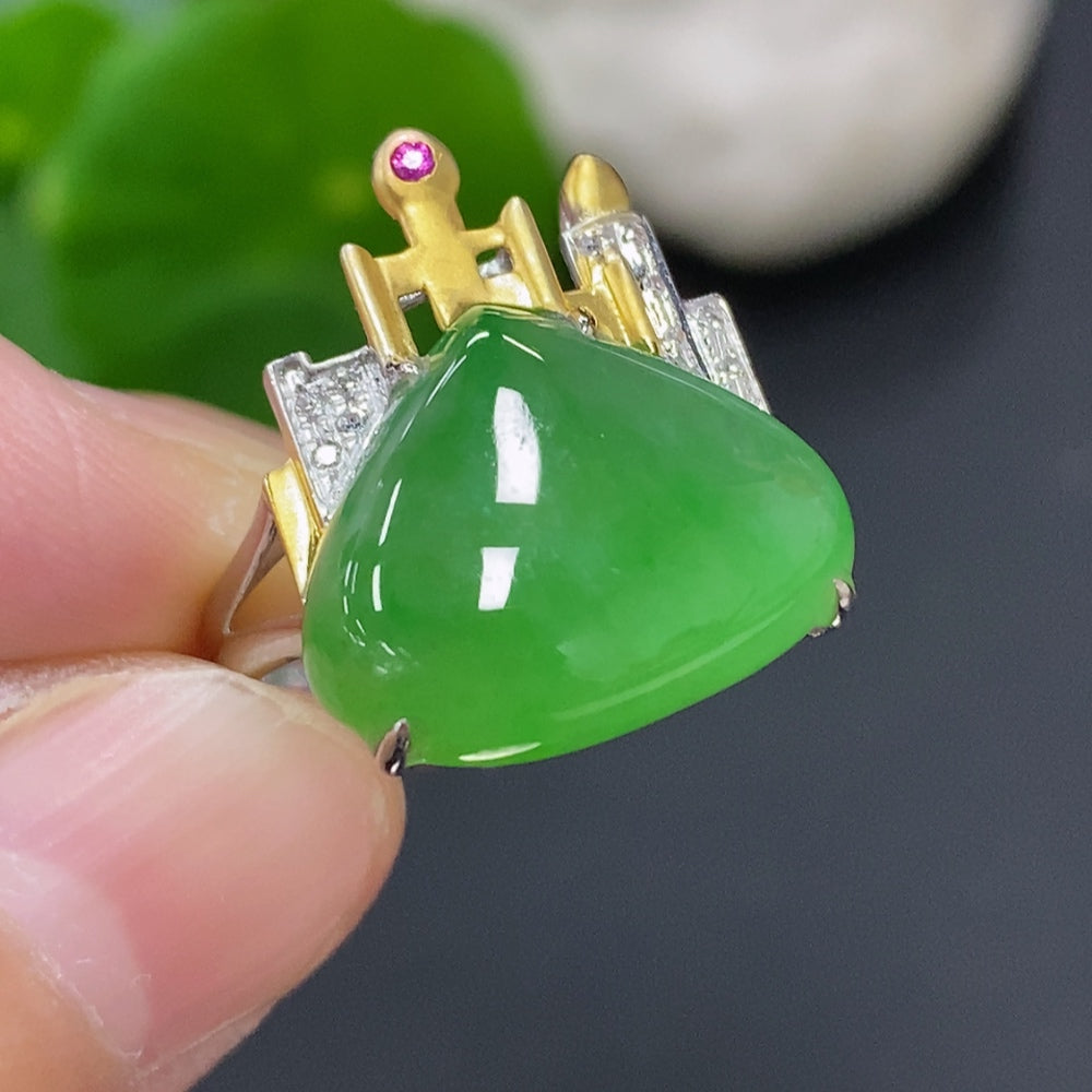 Jadeite Inlaid Ring 18K Gold (Colorless Accent Stones are Diamonds)