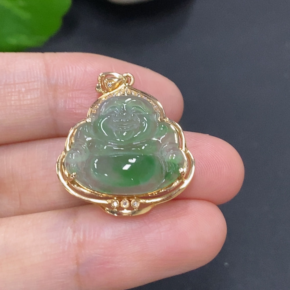 Jadeite Buddha Pendant with 18K Gold Setting, Total Weight Approx. 2.7g (with Diamond Accents)