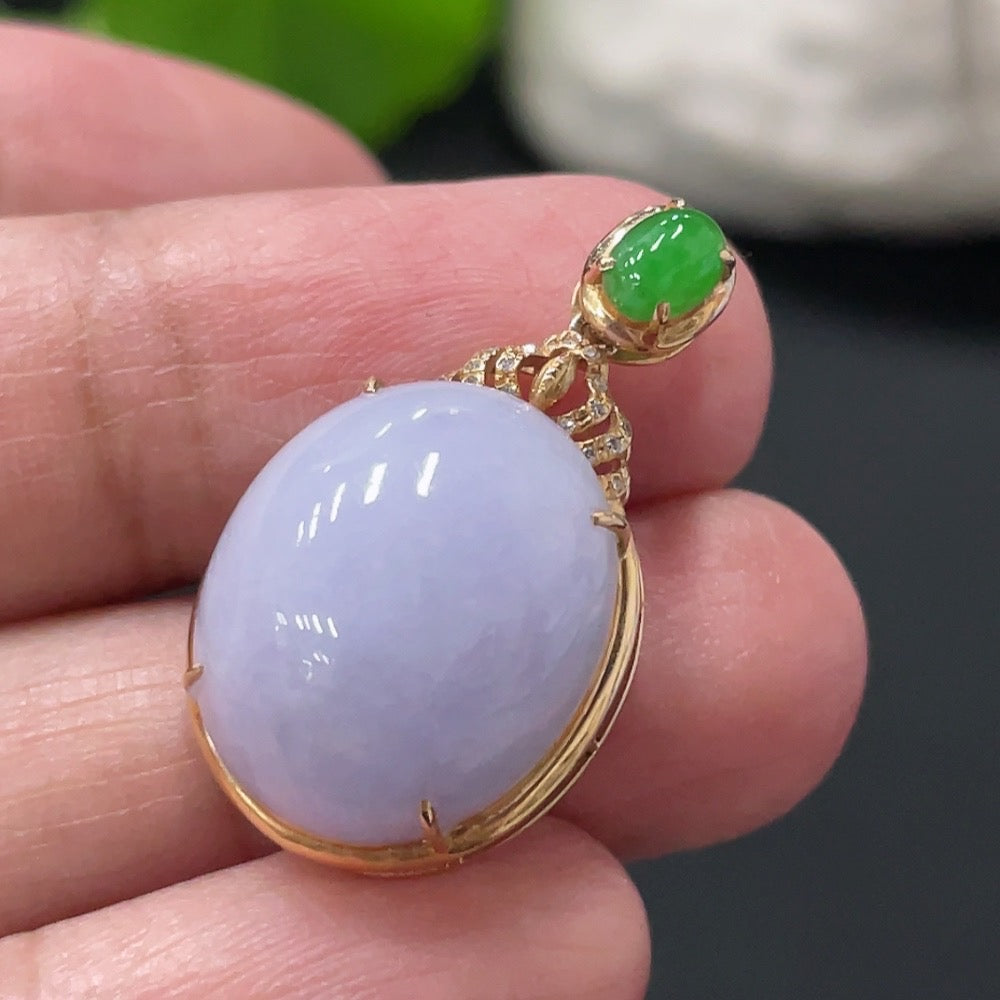 Huiliu Jadeite cabochon pendant with diamond accents, featuring inlaid jadeite and a polished finish, certified by Huiliu HQ.