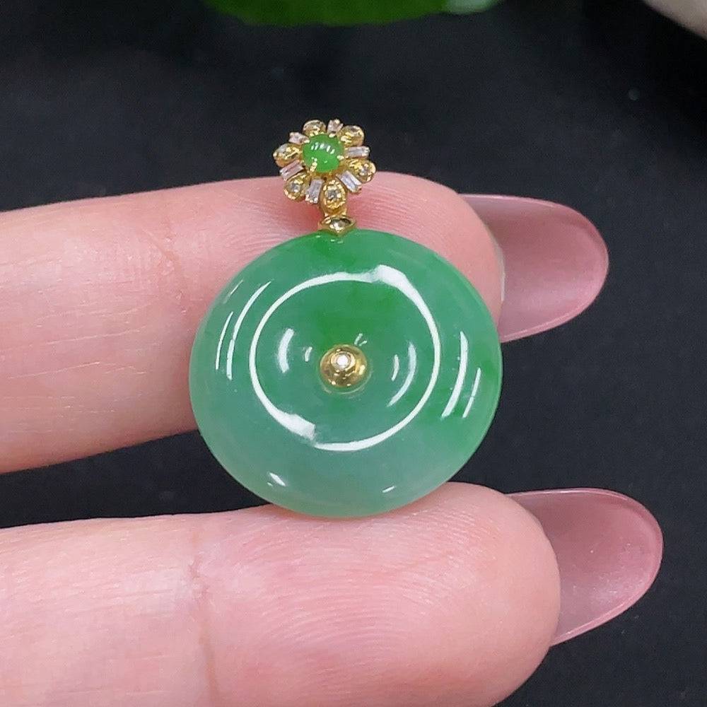Jadeite safety pendant with diamond accents in 18K gold, weighing approximately 3.3 grams, crafted by HUILIU HQ.