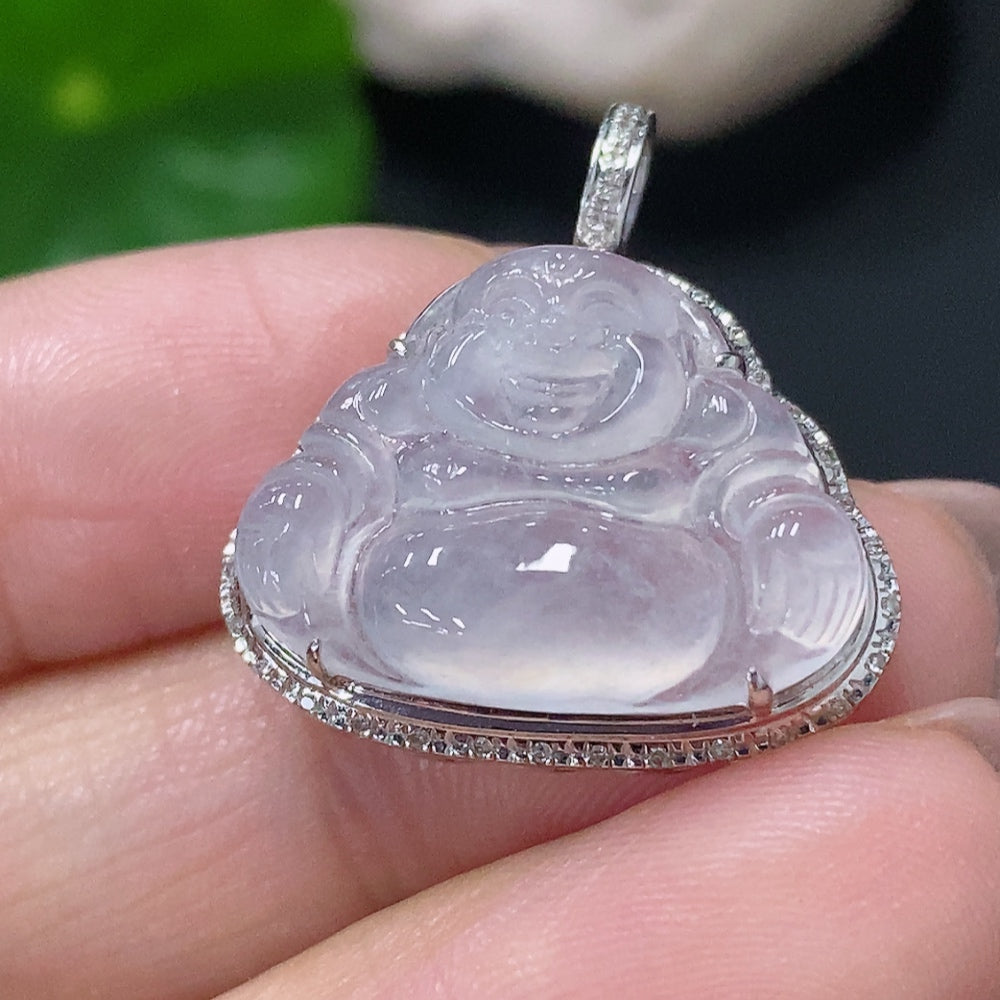 Jadeite Buddha Pendant with 18k Gold and Diamond Accents, Total Weight Approximately 3.34g