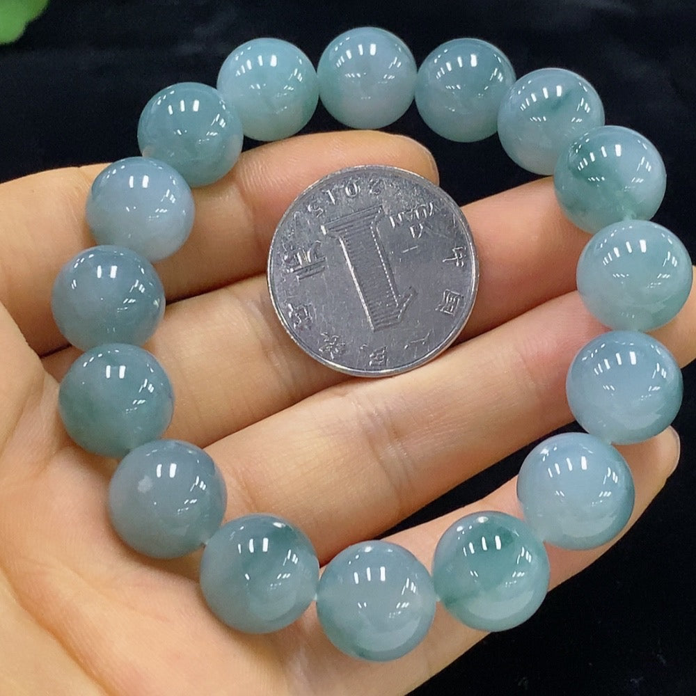 Jadeite bracelet with 12.5mm beads, crafted from green jade, weighing approximately 54.9 grams, by HUILIU HQ.