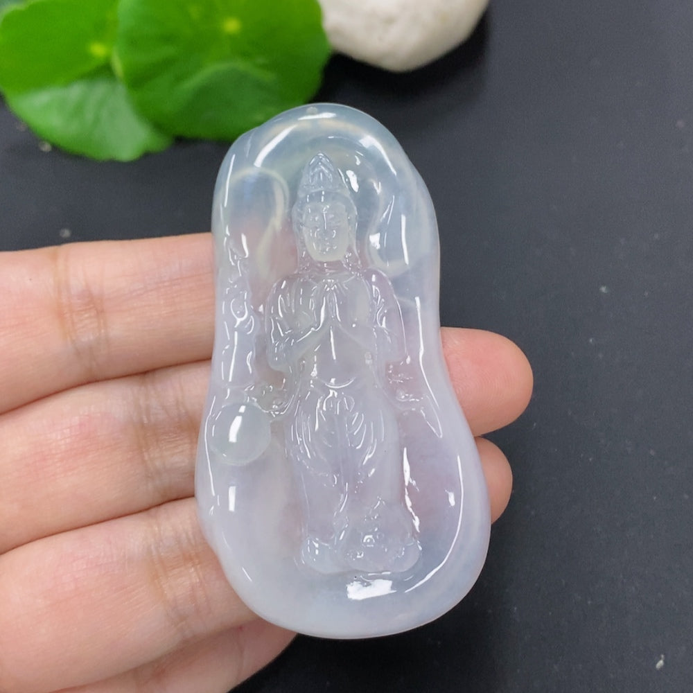 Jadeite Guanyin pendant necklace from HKHQ, featuring a detailed carved figure, weighs approximately 21.7 grams.