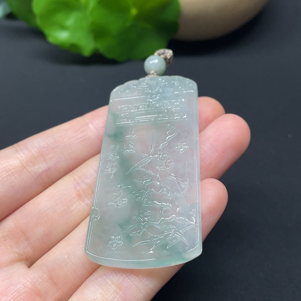 Jadeite Three Friends of Winter plaque with cord, featuring detailed carved figures, weighing approximately 17.89 grams.