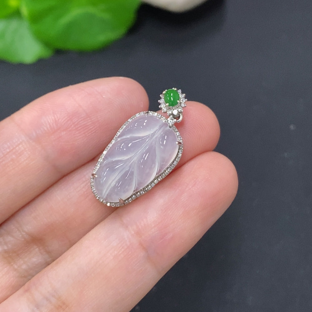 Jadeite leaf pendant with diamond accents in 18K gold, HKHQ jewelry, showcasing intricate leaf design and sparkling details.