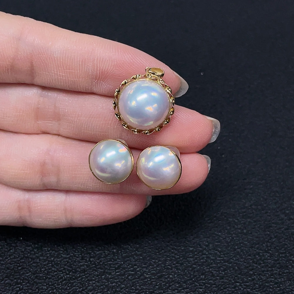 Composite Saltwater Pearl Pendant and Earring Set, 18K Gold