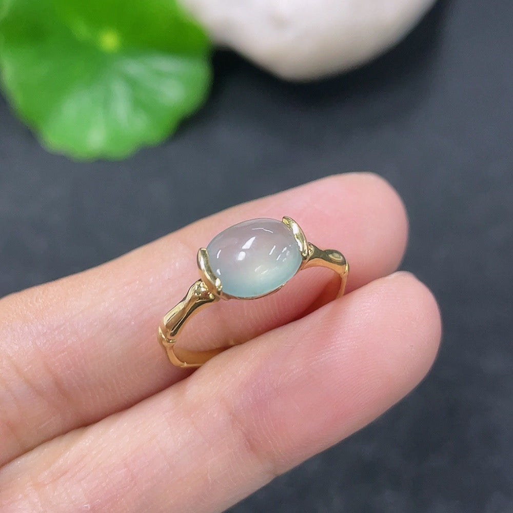 Jadeite inlaid ring by HKHQ, 18k gold, size 13 with intricate jadeite inlay design, weighs approximately 2.27 grams.