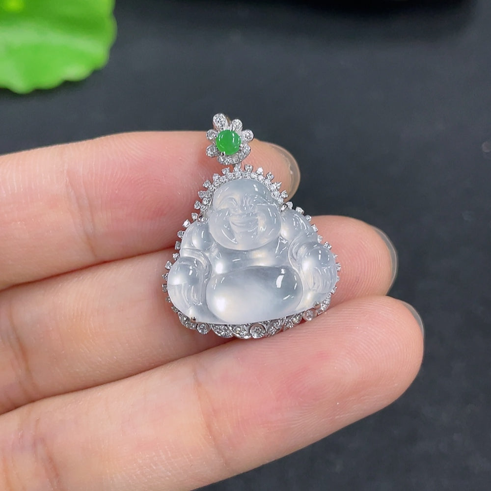 Jadeite Buddha pendant by HKHQ with 18k gold accents and diamond details, featuring a polished jade Buddha figure.