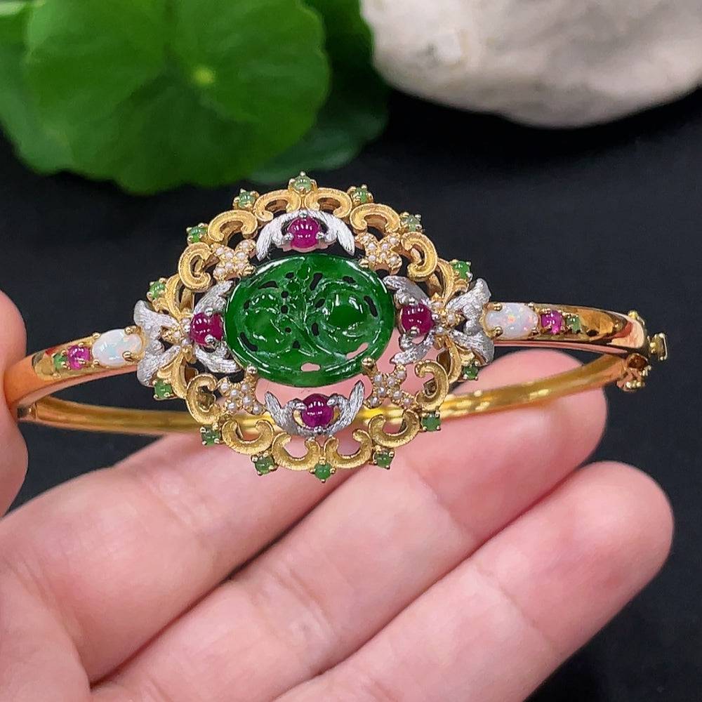 Huiliu Jadeite inlaid bracelet with non-A beads, showcasing intricate jade craftsmanship and elegant design.