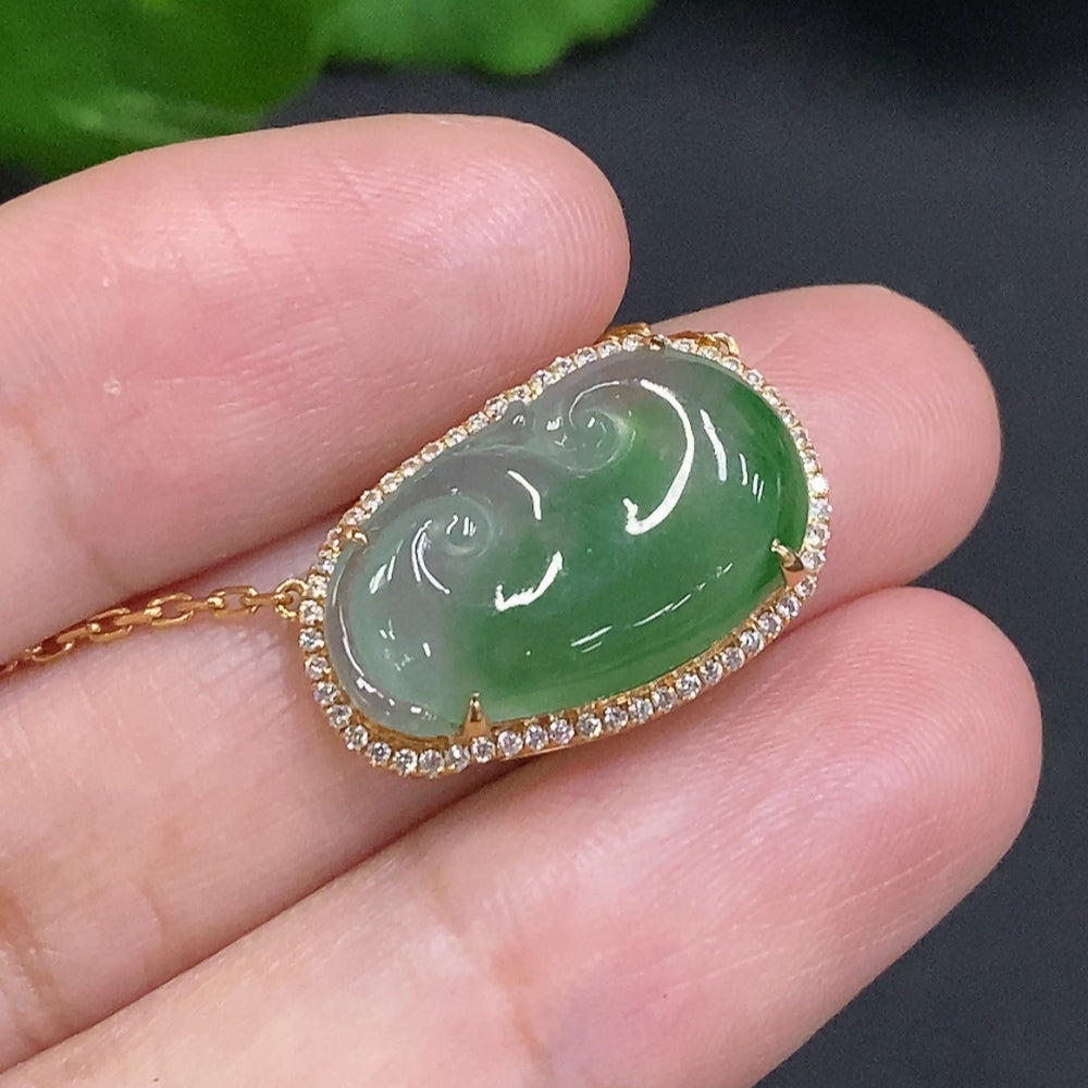 Huiliu Jadeite Ruyi pendant with diamond accents, inlaid design, crafted from high-quality jade, certified by Huiliu HQ.
