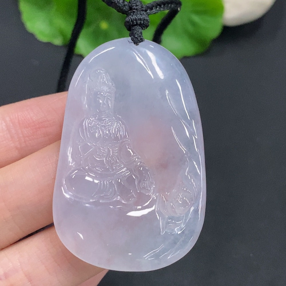 Jadeite Guanyin pendant with intricate carvings, weighing approximately 25.3g including rope, crafted by HUILIU HQ.