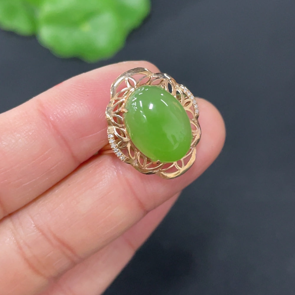 Hetian jade Jasper inlaid ring by HUILIU HQ with diamond accents, 73% gold content, size 14, weight 2.4g, elegant jewelry piece