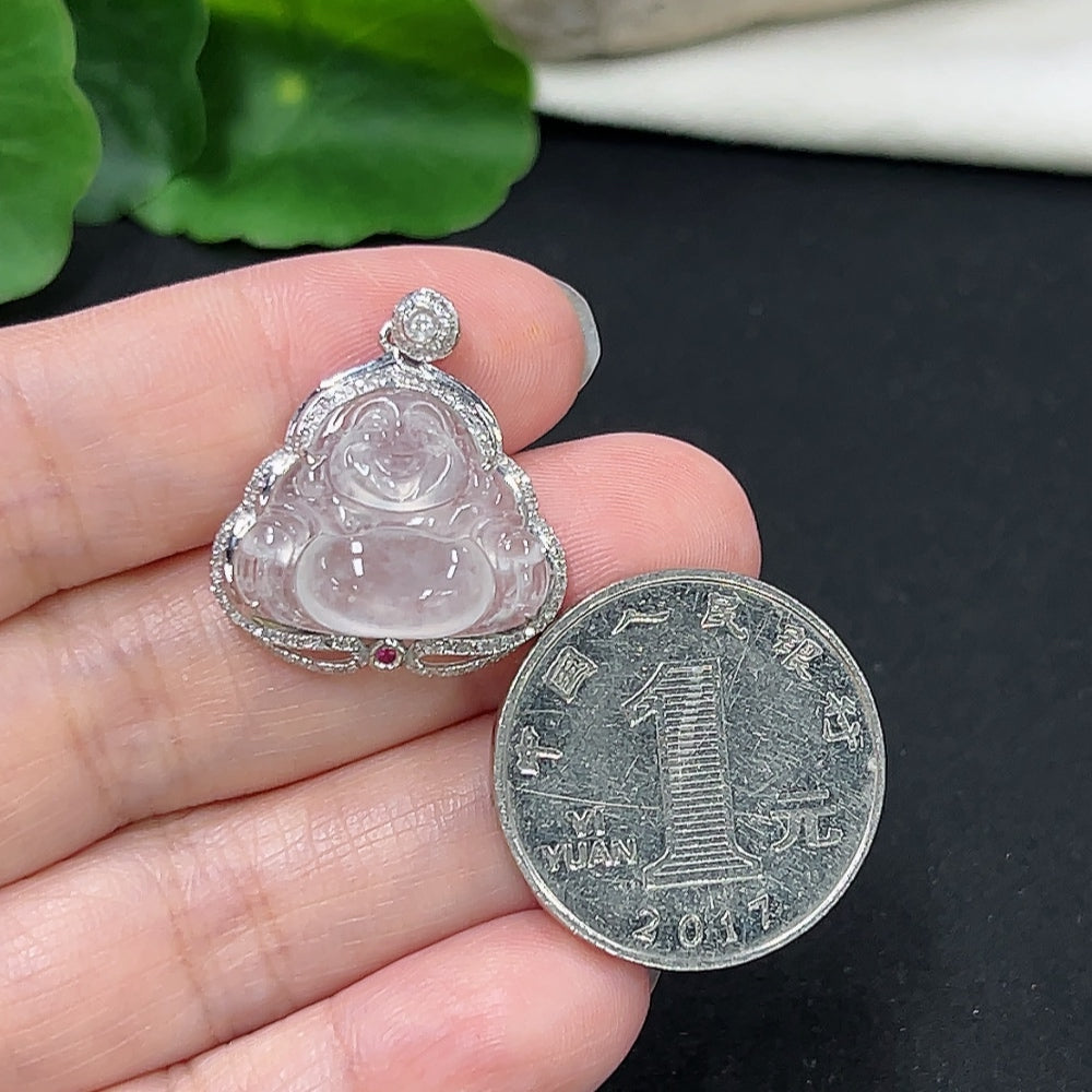 Jadeite Buddha Pendant Set in 18K Gold with Diamond Accents, Total Weight Approx. 3.3g
