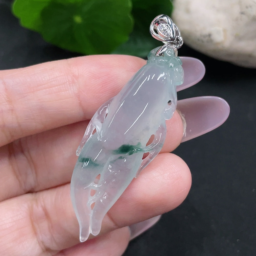 Jadeite auspicious life pendant with 18k gold and diamond inlays, weighing about 9g, featuring intricate jade craftsmanship.