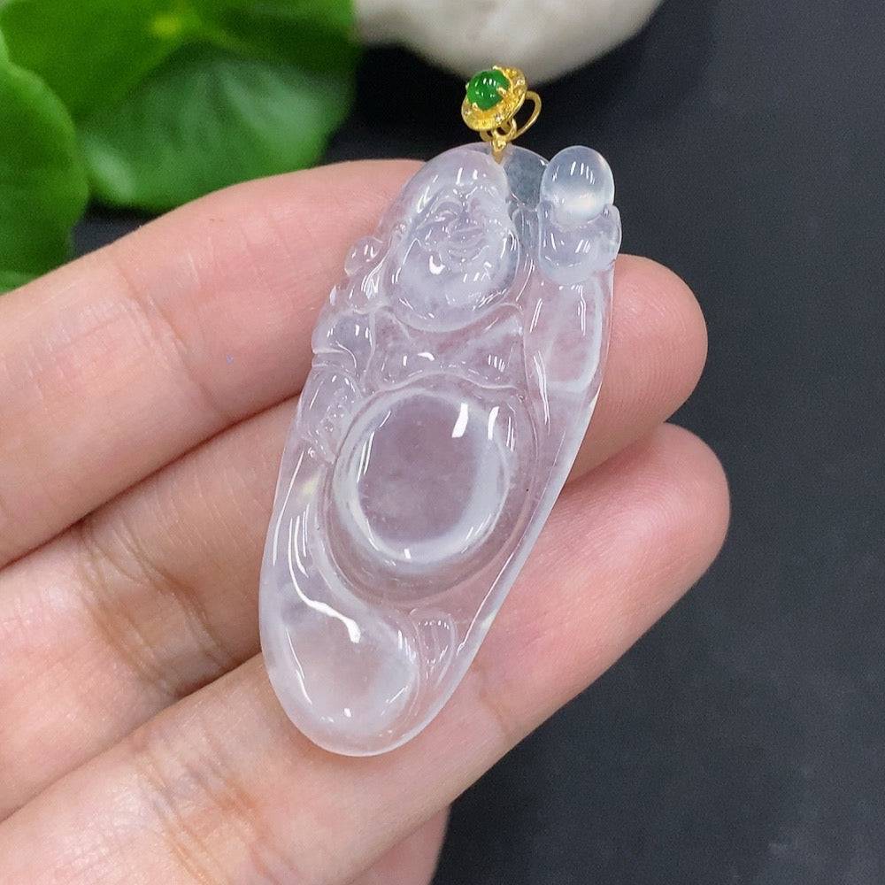 Huiliu certified jadeite Maitreya pendant with clasp, set with diamonds, showcasing intricate craftsmanship and vibrant green jade.