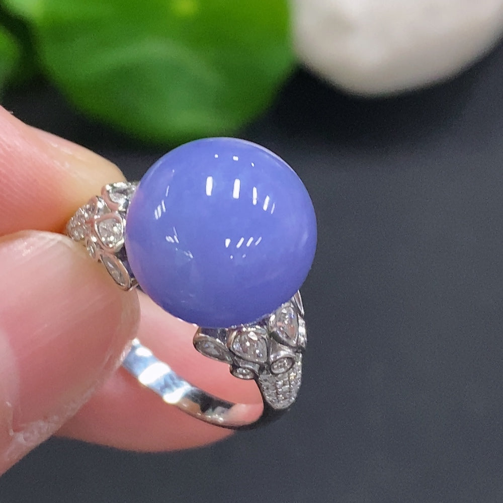 HUILIU HQ jadeite inlaid ring with 18K gold, diamond accents, size 16, featuring a 12mm jade stone and 6.8g weight.