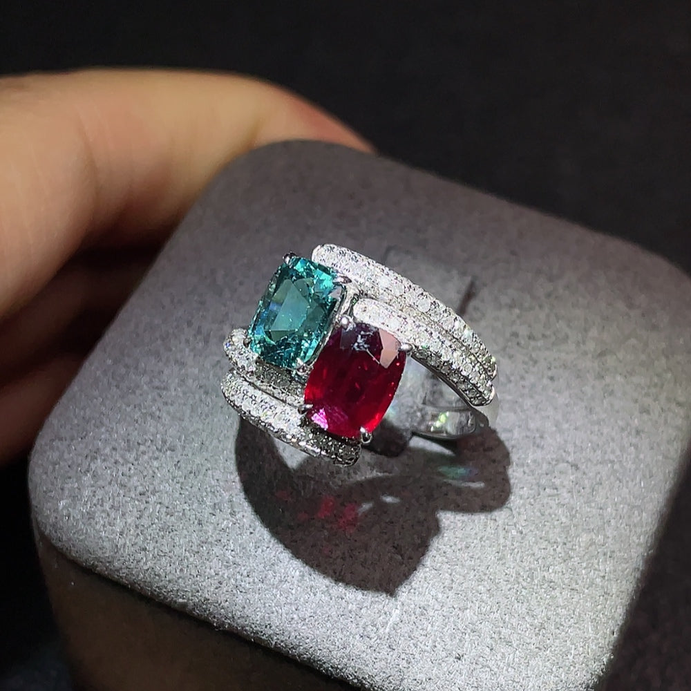 18K Tourmaline Ring + 18K Ruby Ring with Diamond Accents, Total Weight Approx. 4.81g, Size 13, Sell as a Lot, GILDER Certificate: Pigeon Blood, Tanzania (Longido Mine), No Heat, Vivid to Deep Red, 1.14ct