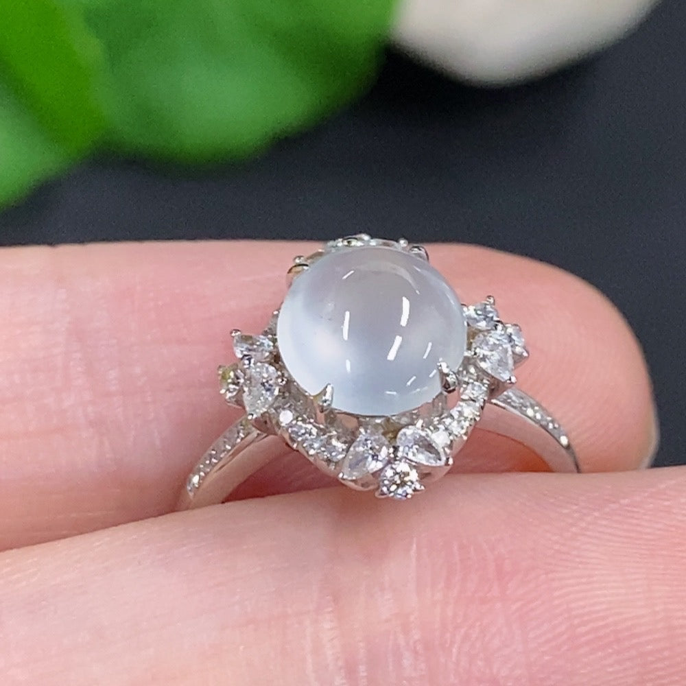 Jadeite cabochon ring with 18k gold and diamond accents, size 10, from HKHQ, featuring a polished green gemstone setting.