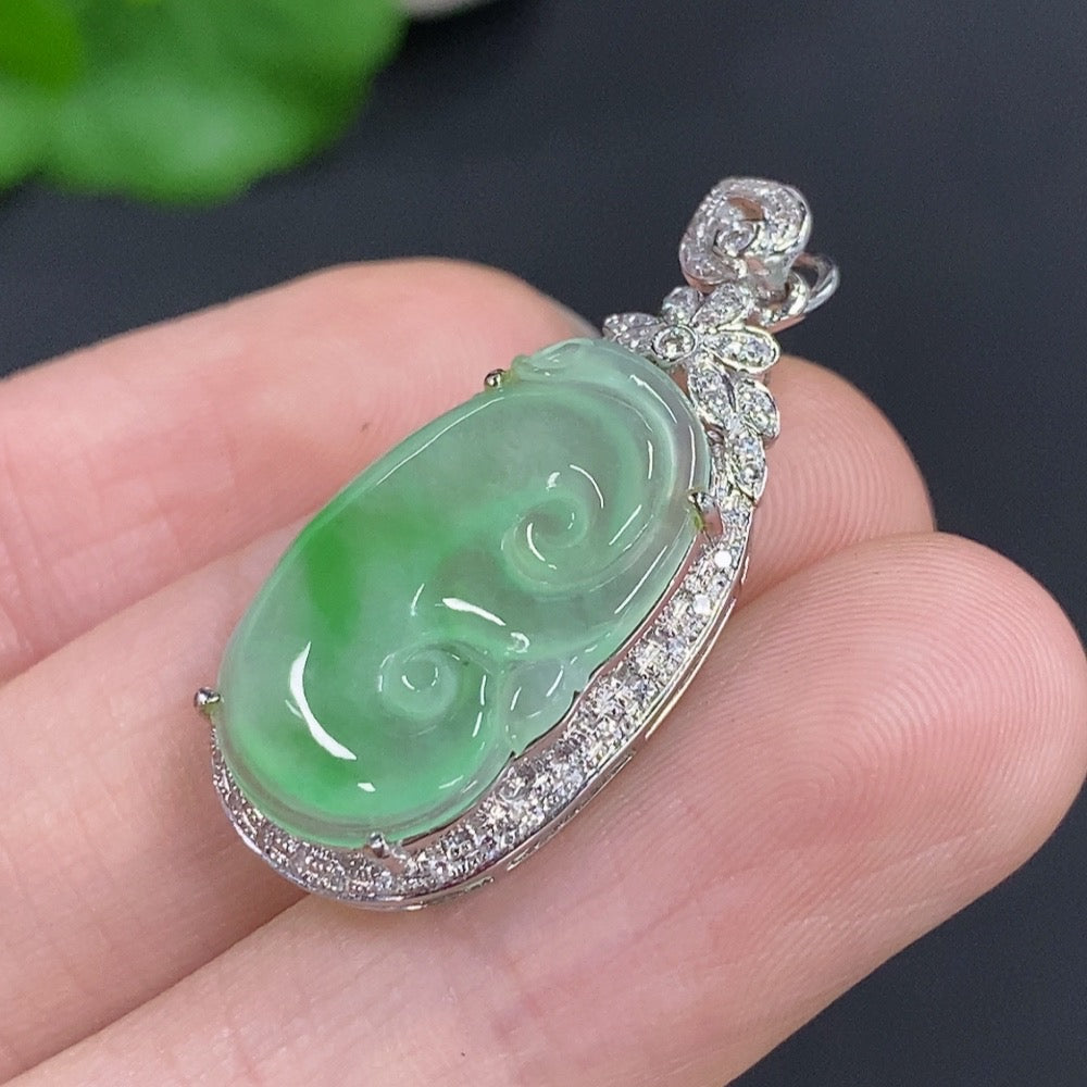 Jadeite Ruyi Pendant 18k Gold Total Weight Approx. 2.8g With Diamond Accents