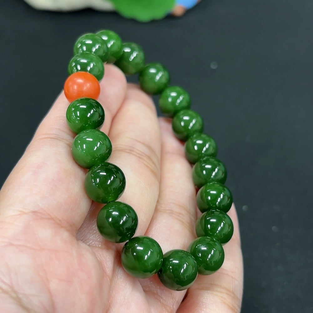Green Hetian Jade Bracelet, with Southern Red Agate
