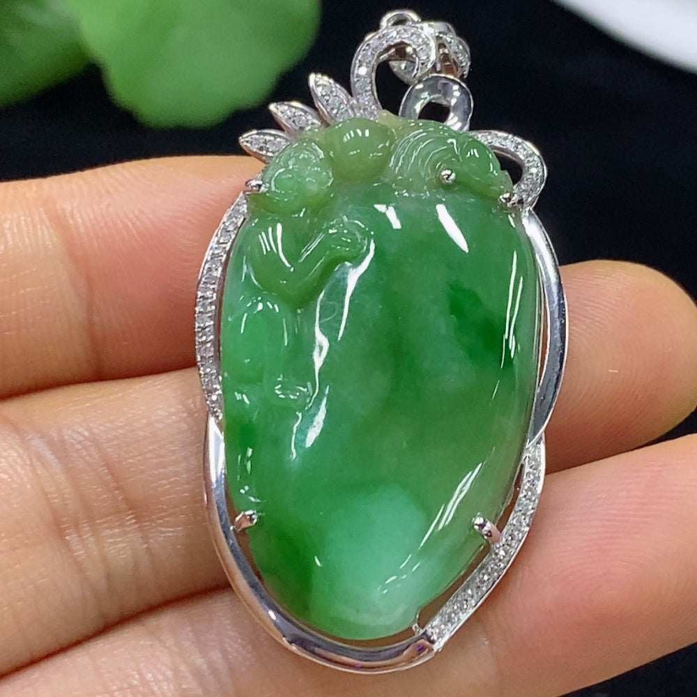 Jadeite Blessing Melon Pendant with 18K Gold and Diamond Accents