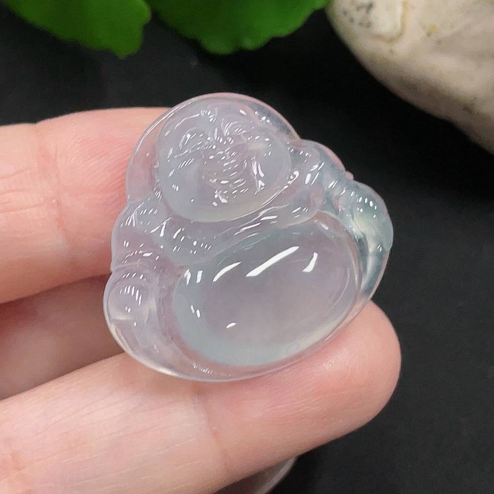 Jadeite Buddha pendant with detailed carved figure, weighing approximately 5.7g, from HUILIU HQ, showcasing smooth jade surface.