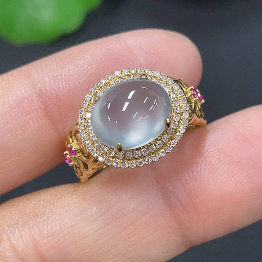 Huiliu Jadeite inlaid ring with a colorless diamond accent, showcasing intricate craftsmanship and elegant design.
