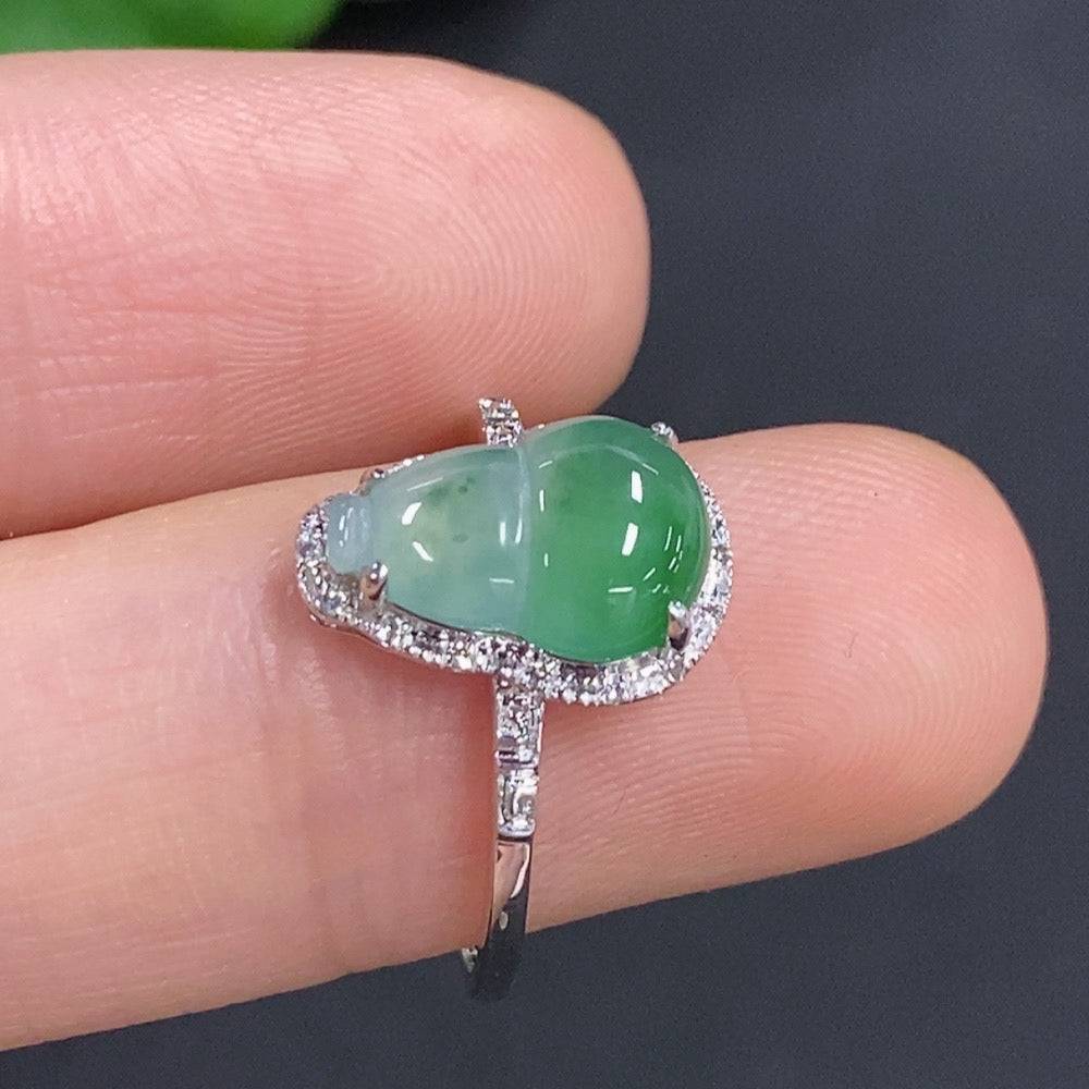 Jadeite gourd inlaid ring by HUILIU HQ featuring 18k gold, diamond accents, size 13, weight 2.09g, detailed close-up image