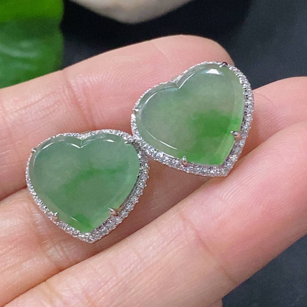 HUILIU HQ jadeite earrings set in 18k gold with diamond accents, showcasing polished jade stones and sparkling diamond details.