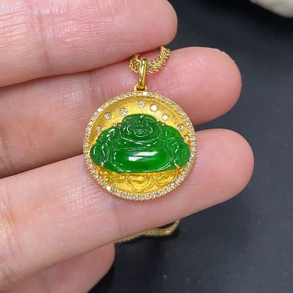 Jadeite Buddha pendant set in 18K gold with diamond accents, including chain, weighing approximately 5.8g.