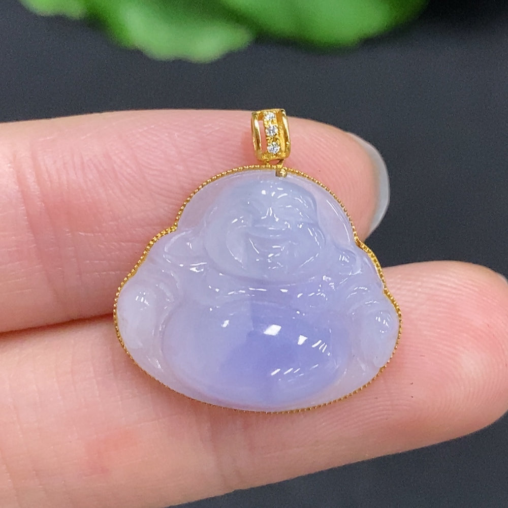 Jadeite Buddha pendant set in 18K gold with a small jade Buddha charm, weight approx. 3g, featuring intricate details.