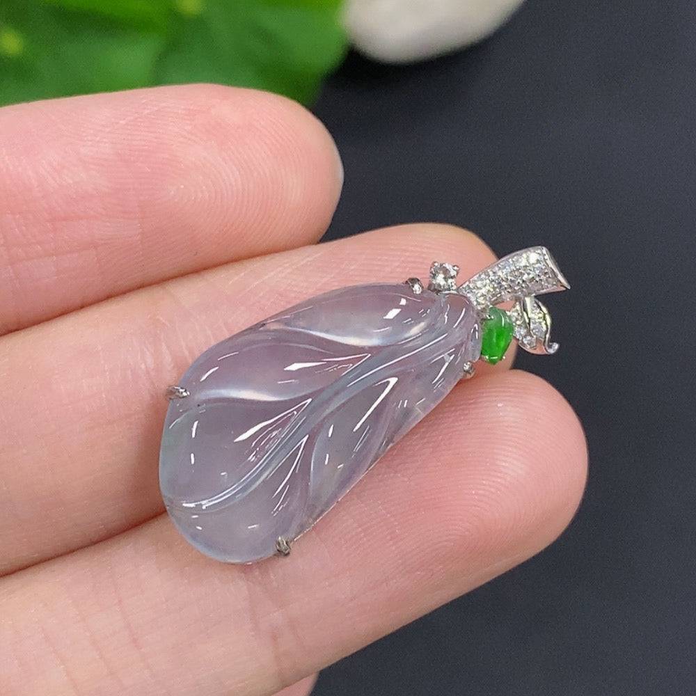 Huiliu Jadeite leaf pendant with diamond accents, featuring intricate jade craftsmanship and elegant design.